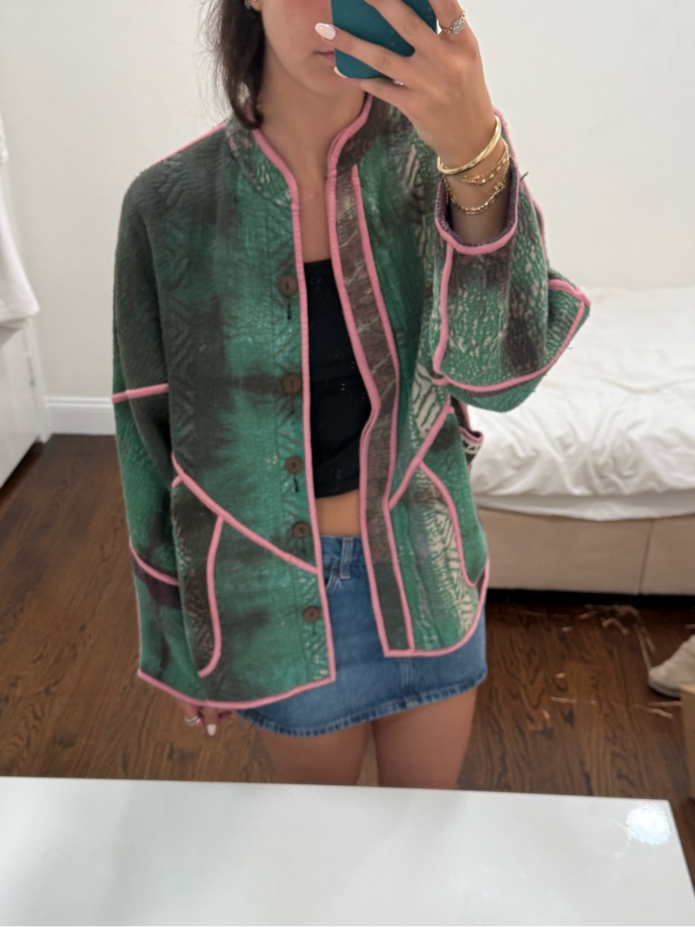 NAMAI Green Quilted Jacket with Pink Trim - Women's Casual Coat ORIGINALLY $475